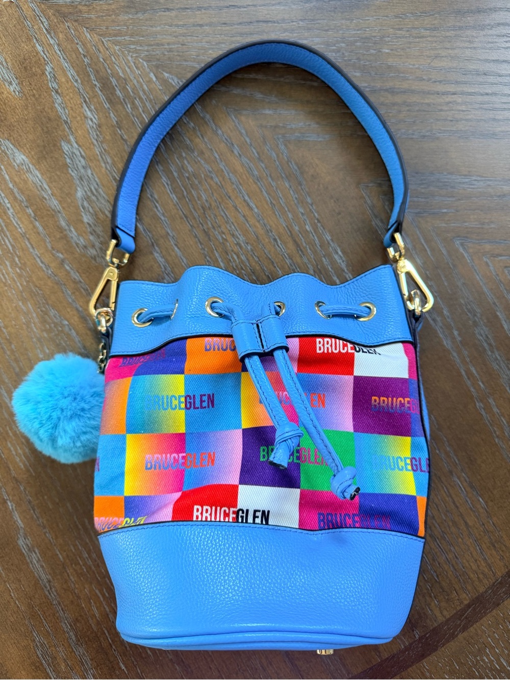 Bruce Glen Blue Multicolor Mini Bucket Bag with Pom Pom